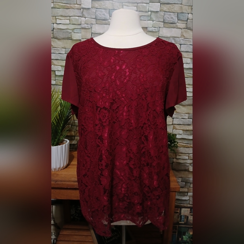 Ann Taylor Red Short Sleeve Lace Blouse